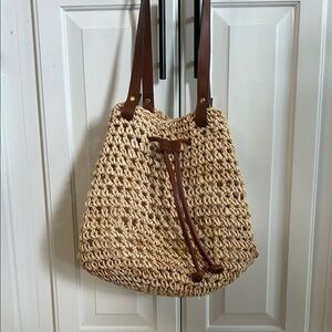 Talbots Tan Woven Raffia Shoulder Bag with Brown Straps